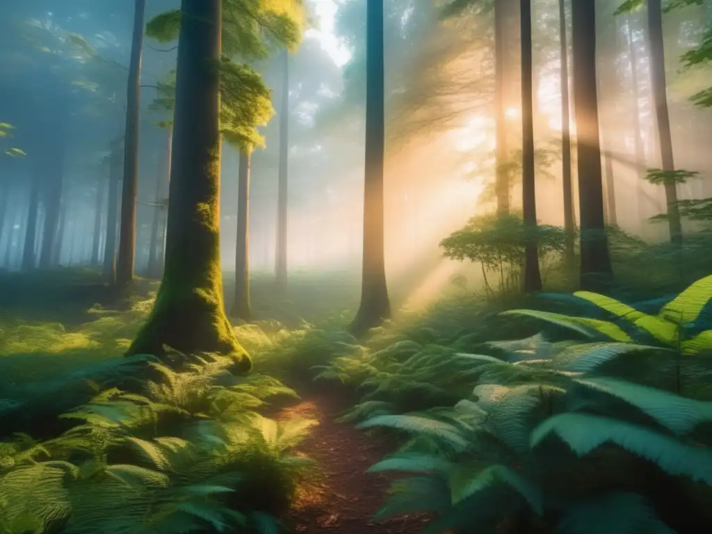 Beneficios de la acampada ecológica y reforestación: Un amanecer en un frondoso bosque con árboles majestuosos, río tranquilo y aire puro