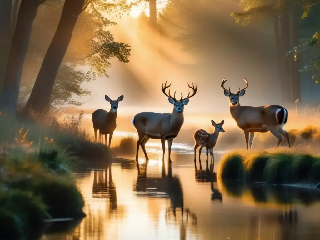 Ciclo de vida fauna zonas acampada: Bosque sereno al amanecer con familia de ciervos y detalles de flora