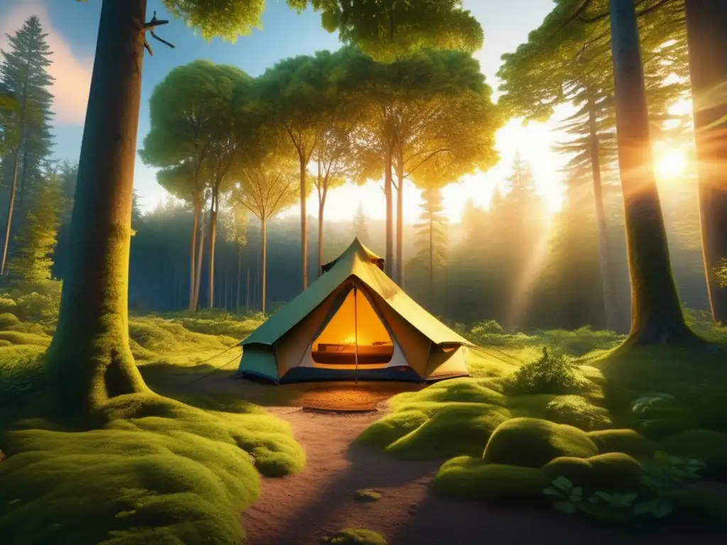 Senderismo y camping en armonía con la naturaleza en un bosque sereno al atardecer