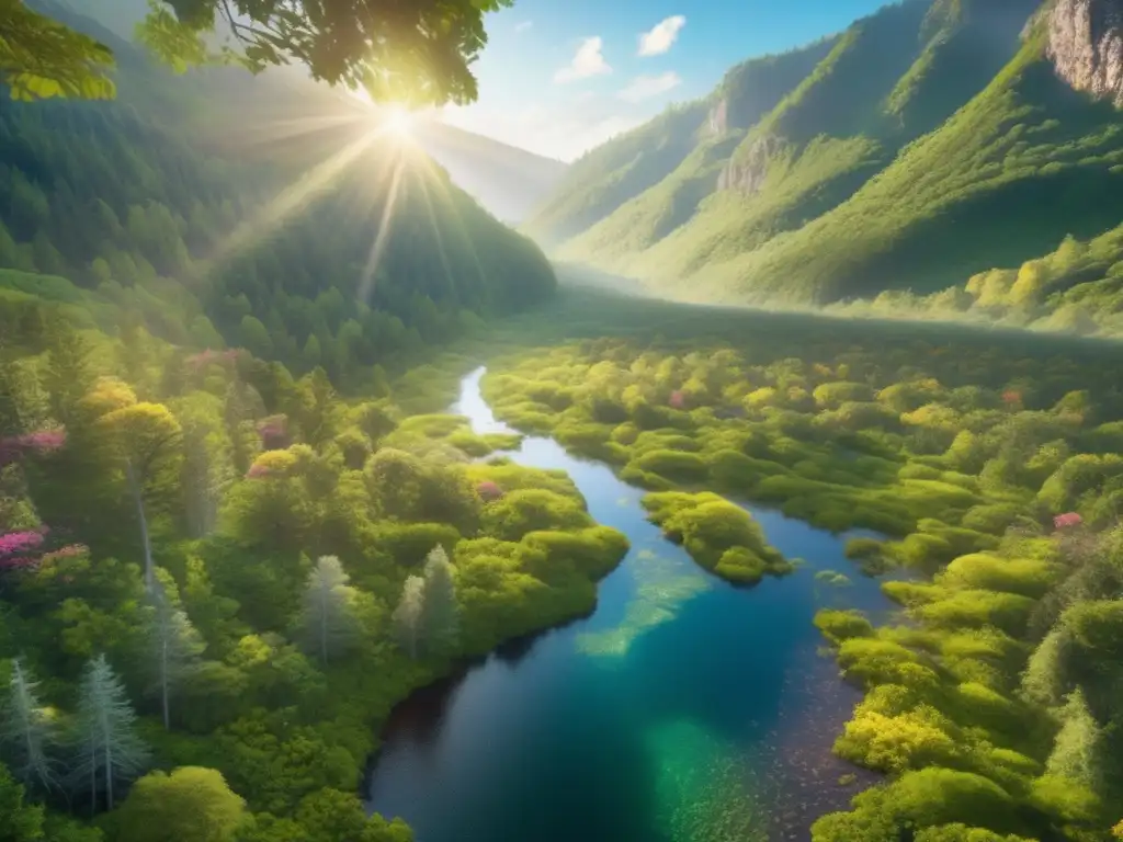 Importancia campista sostenibilidad: Escena 8K impresionante de una naturaleza virgen, con bosque denso, río cristalino y flores vibrantes