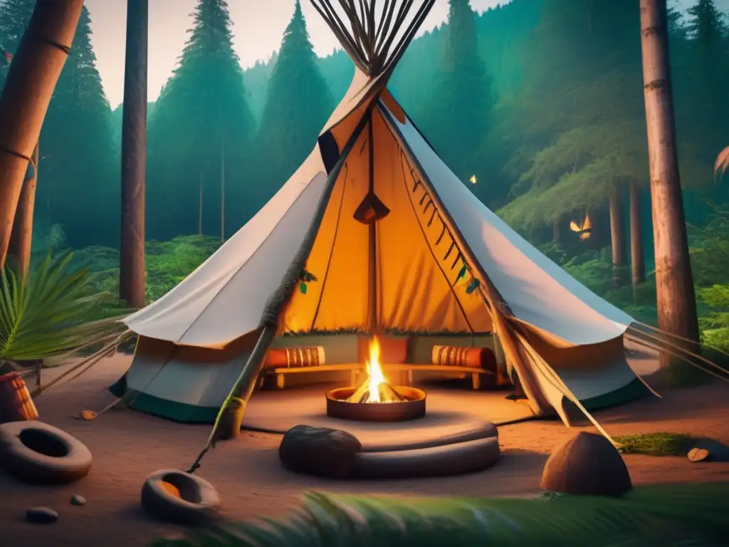 Prácticas indígenas en acampada en un bosque exuberante con una tienda teepee tradicional rodeada de naturaleza y dreamcatchers colgantes