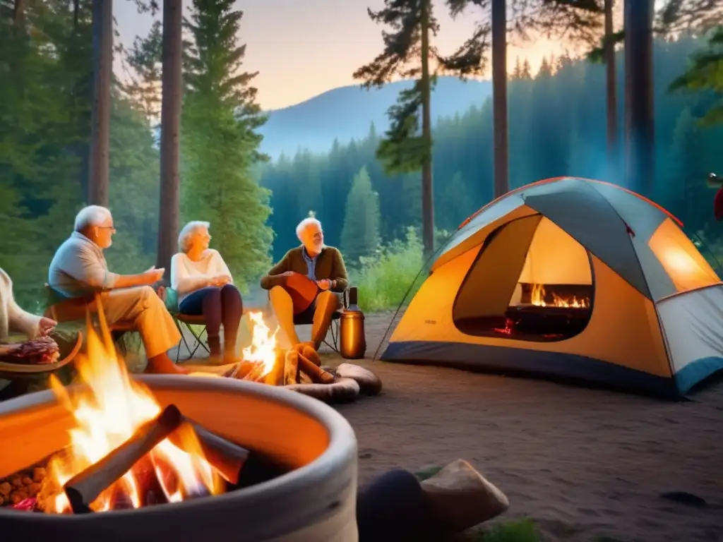 Beneficios del campismo para personas mayores: campamento tranquilo en el bosque con fogata y campistas felices