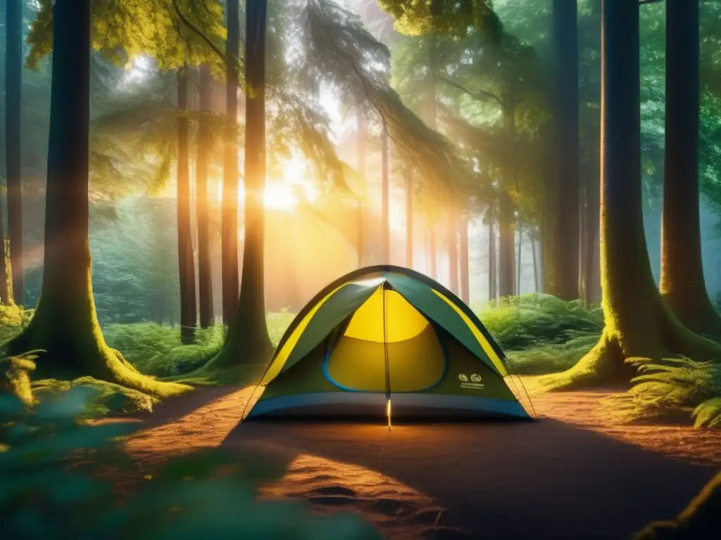 Impacto del camping en el ecosistema: una imagen de bosque exuberante al atardecer, con rayos de luz dorada filtrándose a través del denso dosel