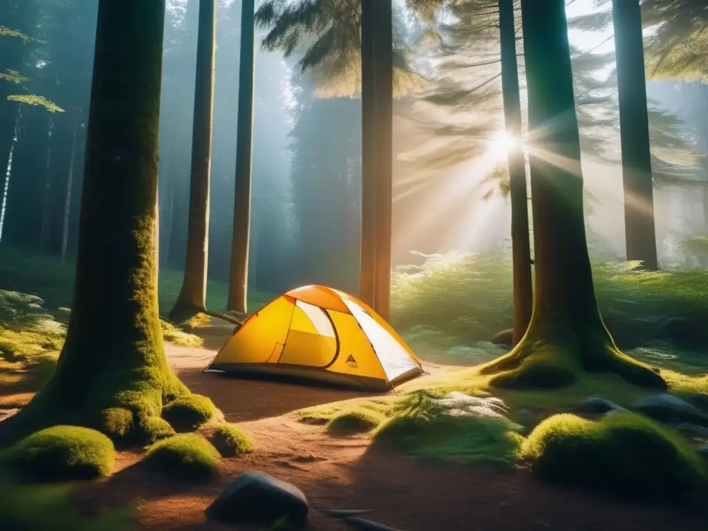 Conozca consejos para acampar en la naturaleza - Una imagen de campamento tranquilo y natural con tienda, mochila y saco de dormir