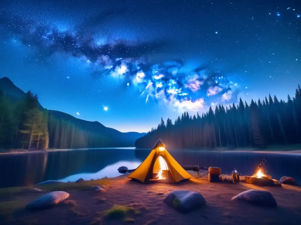 Acampada celestial bajo un cielo estrellado, con la Vía Láctea y fogata