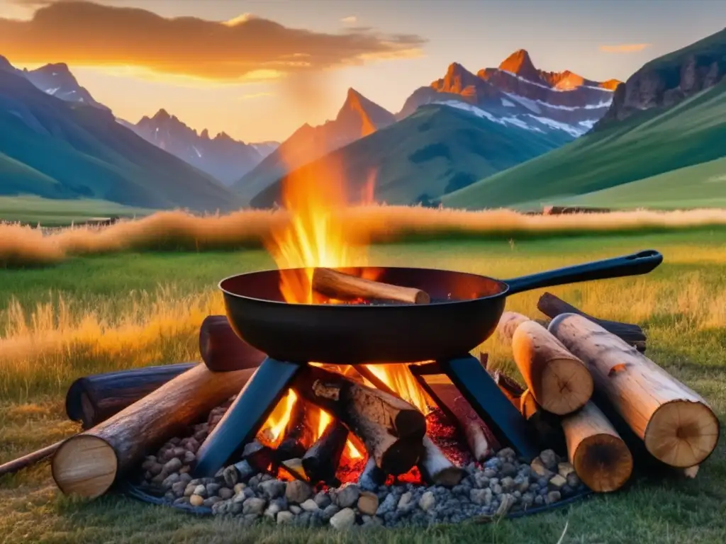 Campamento en un campo pintoresco con montañas, pan de campo y tienda de campaña