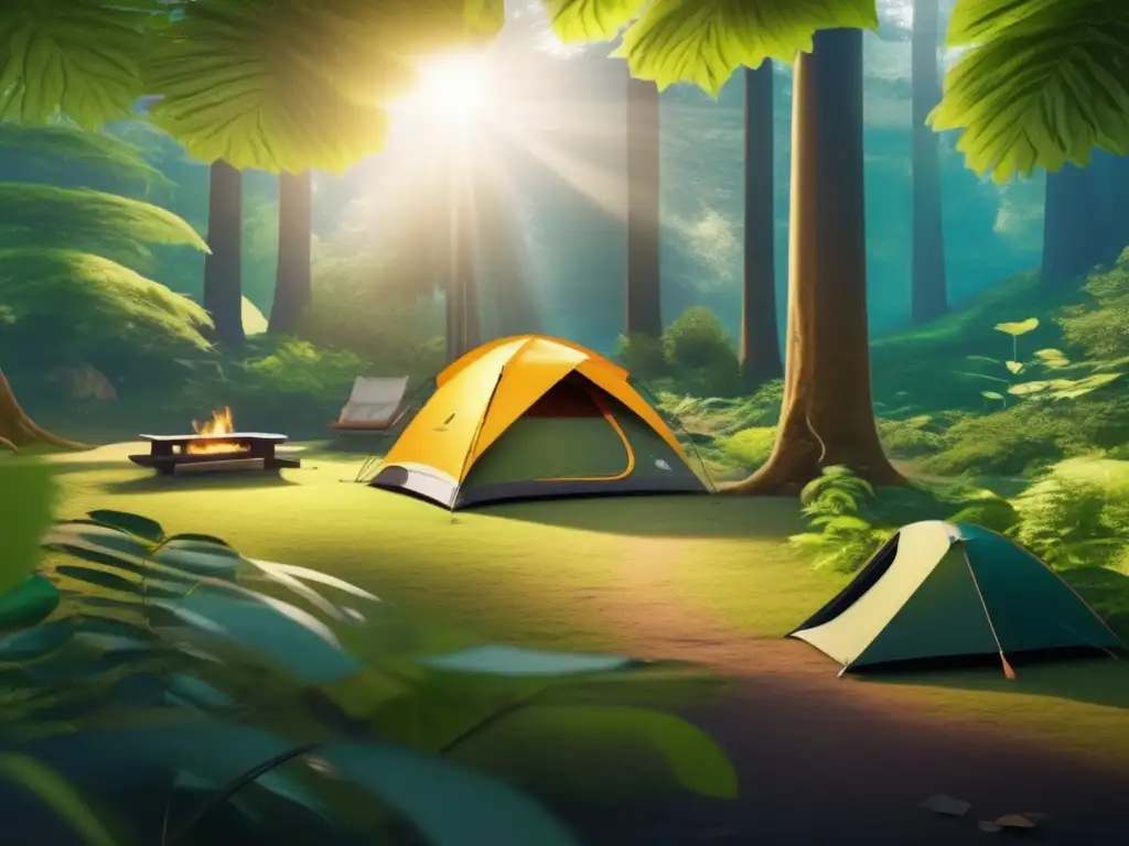 Camping sostenible: escena serena de campamento en un bosque, con tienda ecofriendly, solarpowered lanternas, río cristalino y montañas misteriosas