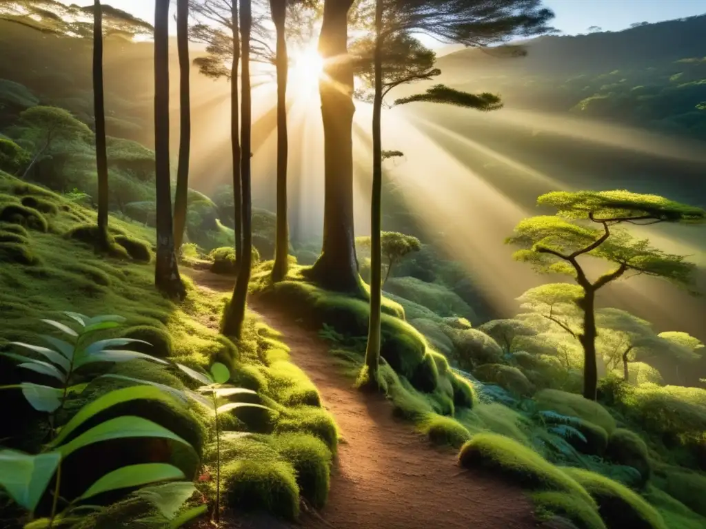 Importancia autoridades locales conservación áreas acampada: Bosque misterioso con sendero invitador, rayos dorados y detalles vívidos