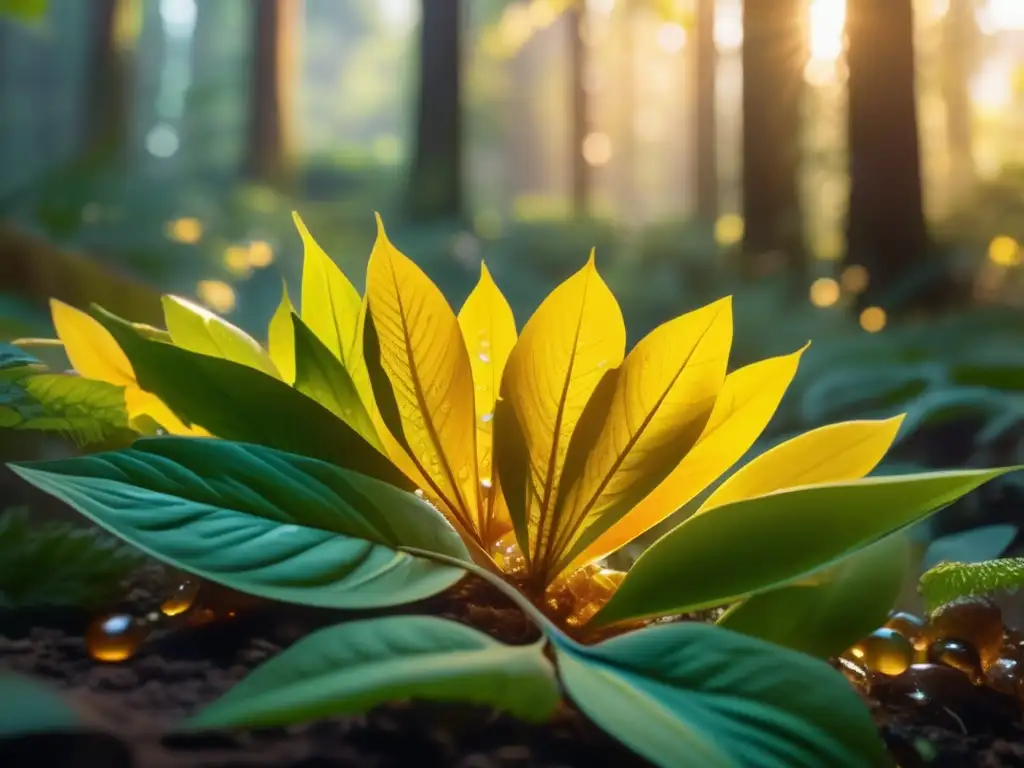 Plantas comestibles en un bosque dorado con detalles ultradetallados (110 caracteres)