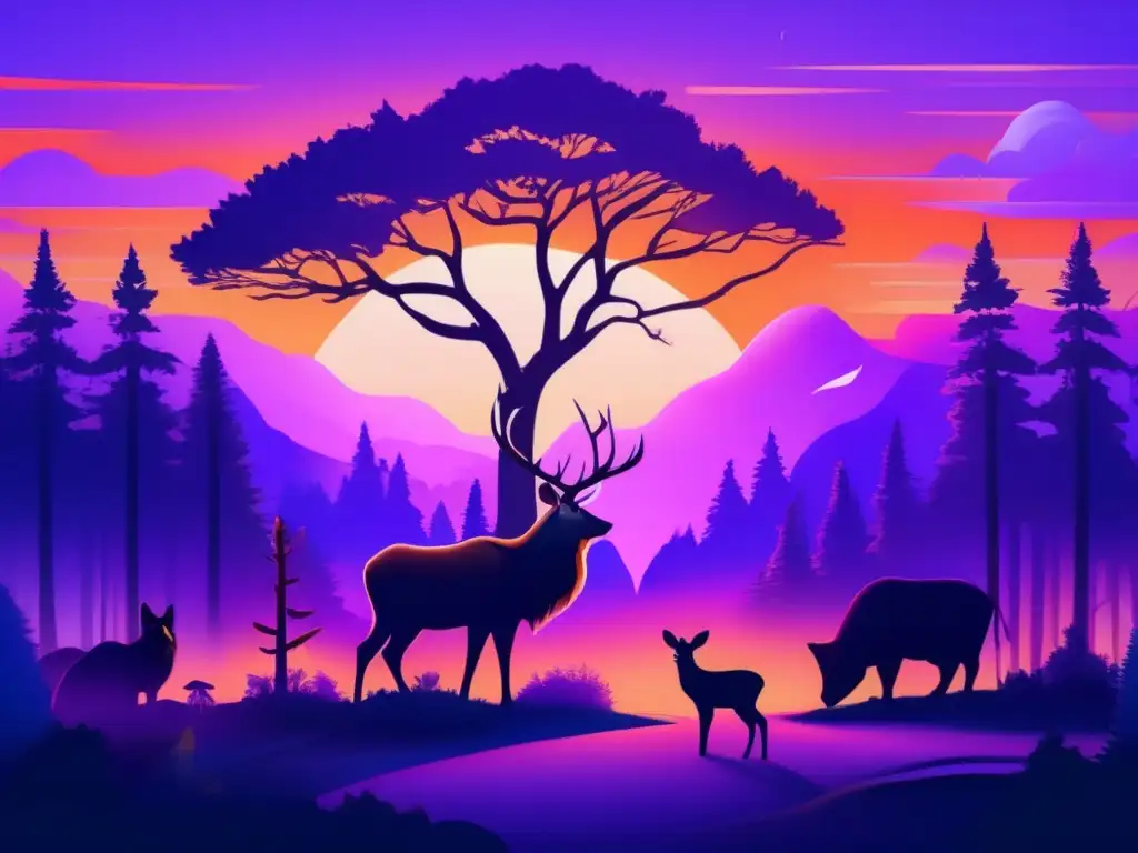 Impacto del camping en la fauna: bosque sereno al atardecer, árboles majestuosos, animales en su hábitat natural, equilibrio delicado de la naturaleza