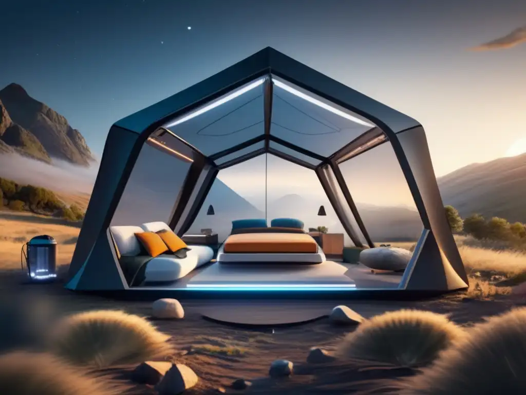 Escena futurista de acampada con tecnología avanzada y materiales innovadores - Material de supervivencia para acampar evolución