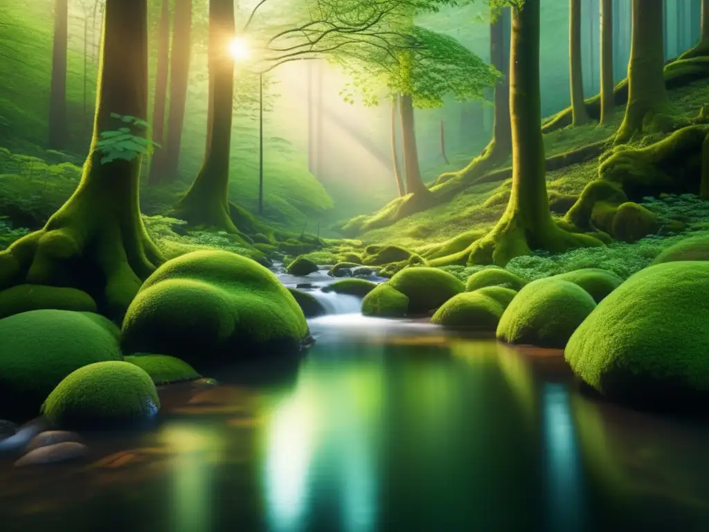 Bosque verde con luz solar filtrada, armonía y belleza de la naturaleza