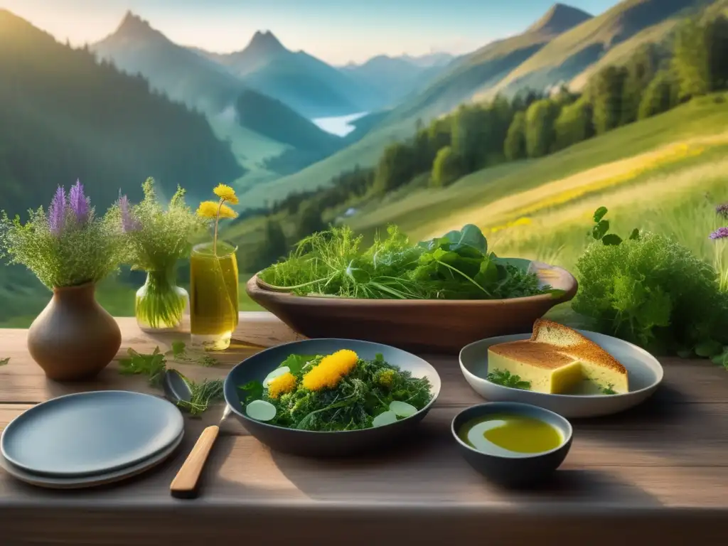 Recetas de montaña con plantas silvestres: Paisaje montañoso exuberante con picos imponentes, bosques densos y mesa de madera con delicias culinarias