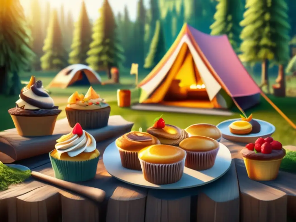 Recetas de repostería para camping al aire libre: Escena de camping en un bosque con mesita de madera llena de delicias horneadas y flores silvestres