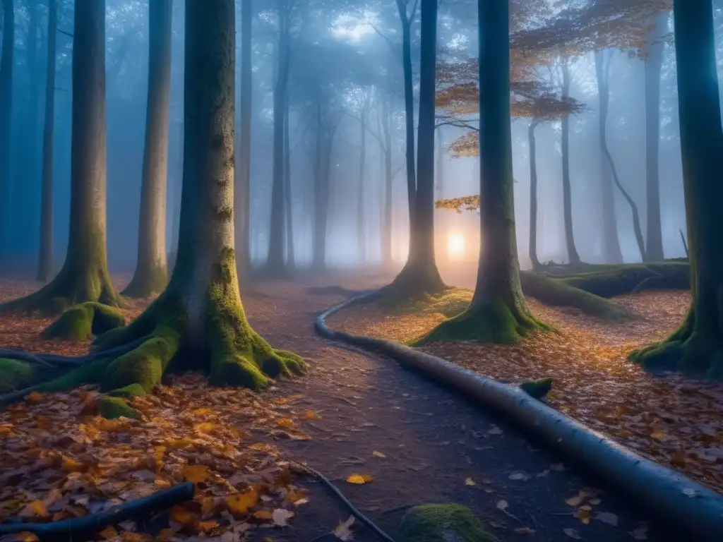 Interpretación de mapas para acampar en un bosque denso al anochecer, iluminado por la luna y envuelto en niebla