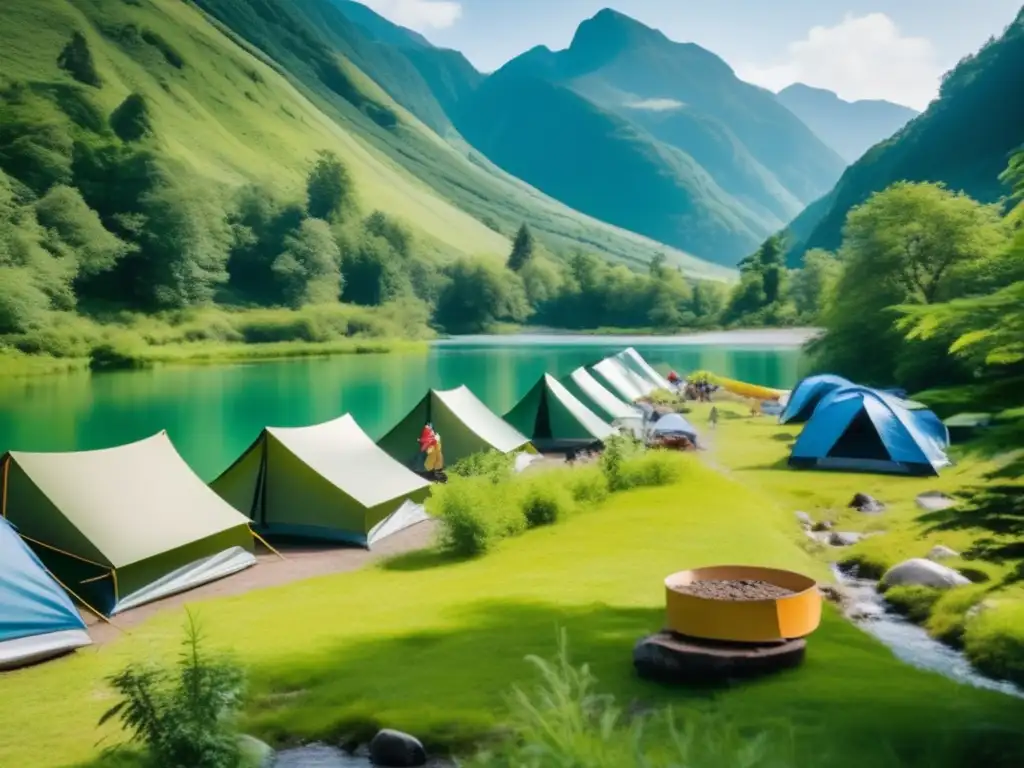 Impacto del camping en áreas protegidas: paisaje natural prístino con montañas verdes, río cristalino, camping ecológico y campistas responsables