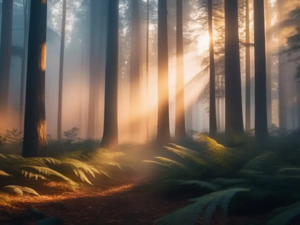 Señales de humo en camping en un bosque encantador al atardecer