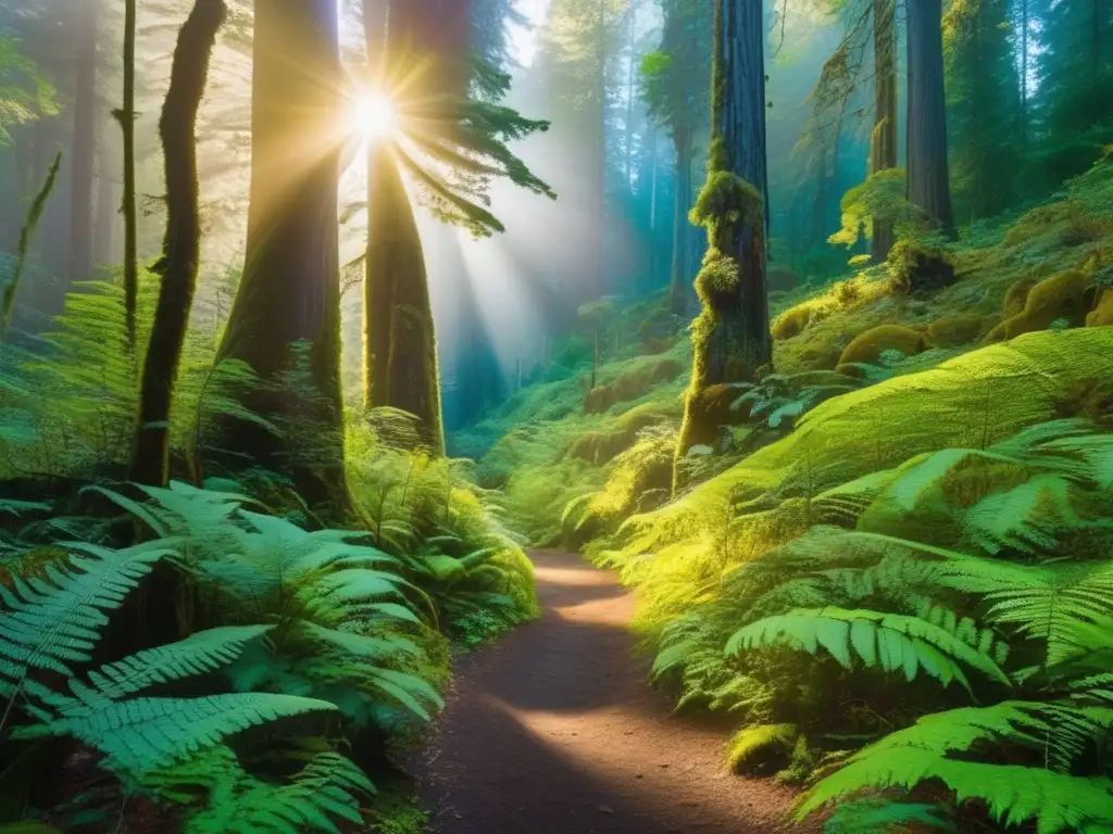 Bosque vibrante y detallado en parque nacional, con árboles majestuosos y sendero de senderismo