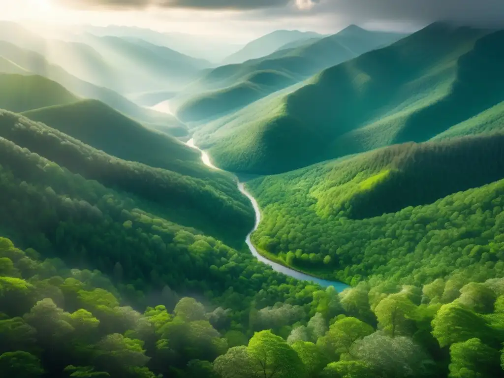 Vista aérea impresionante de bosque denso entre montañas majestuosas