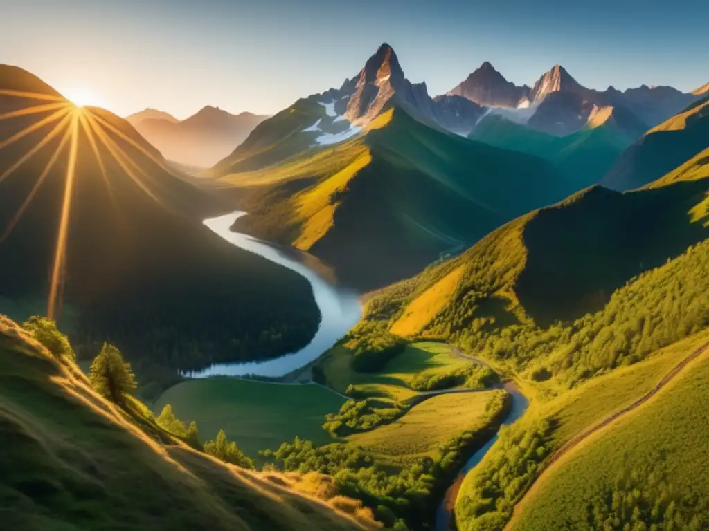 Paisaje montañoso al amanecer, senderistas al aire libre