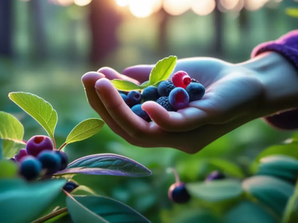 Mano recoge bayas silvestres moradas en bosque verde, 8k detallado con luz ambiental - Beneficios de incluir plantas silvestres en dieta