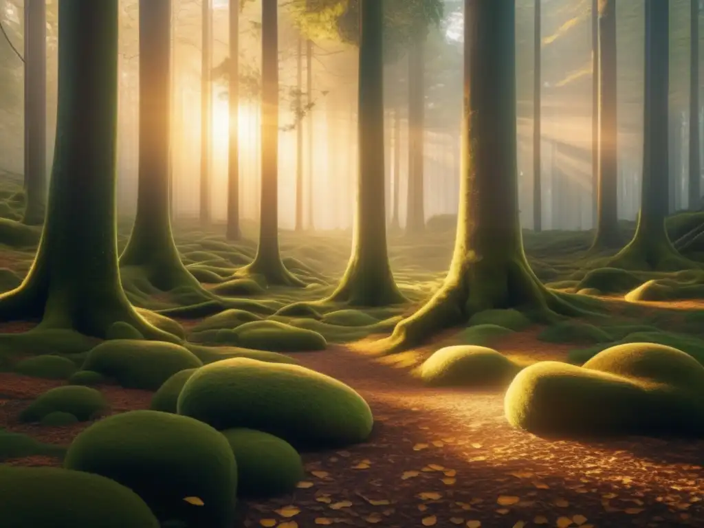 Escena mágica en un bosque, con árboles altos y frondosos, iluminados por el sol al atardecer