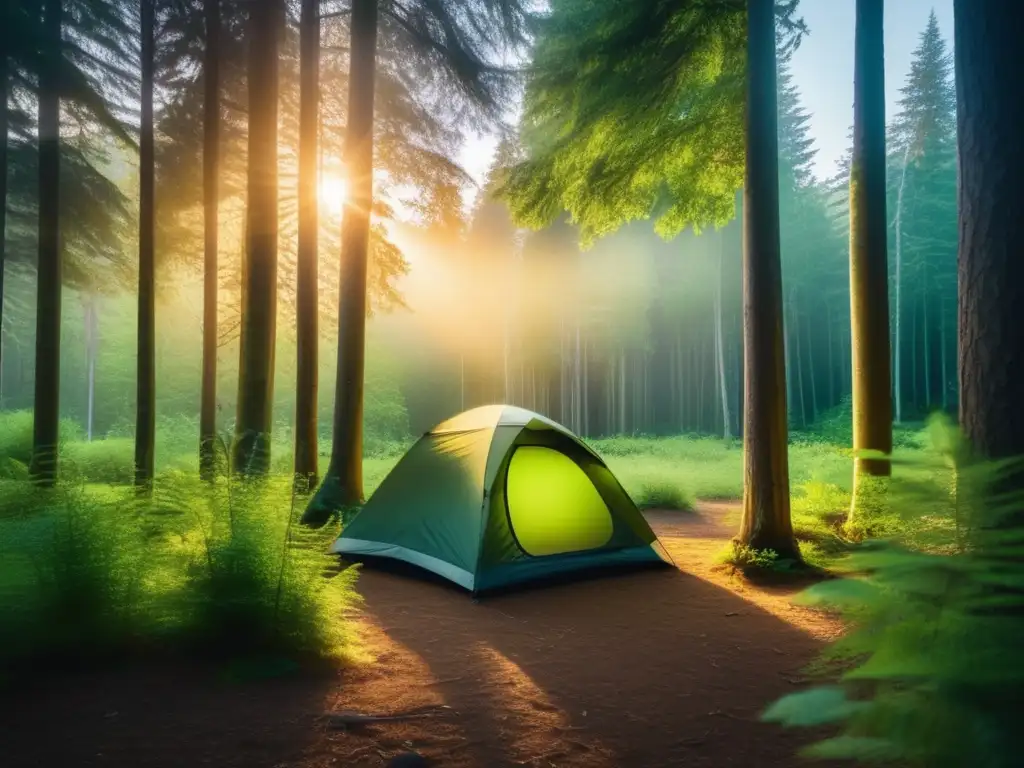 Impacto biodiversidad camping en un bosque exuberante al atardecer, con una tienda de campaña entre los altos árboles