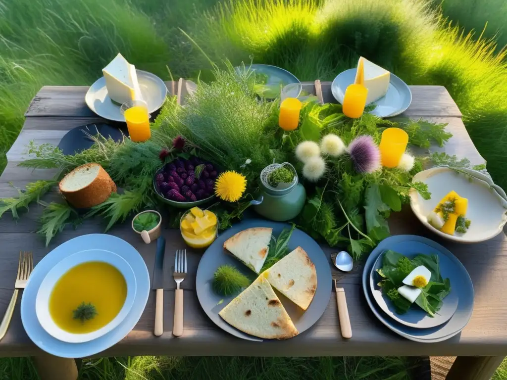 Plantas silvestres comestibles en camping: Picnic en bosque con mesa rústica, platos coloridos y naturaleza encantadora