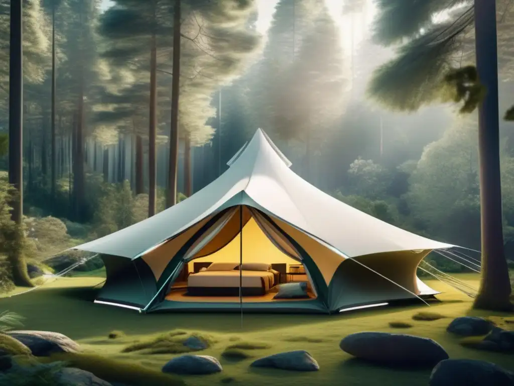 Tendencias equipamiento camping futuro: Escena futurista en un bosque exuberante con tienda transparente y avanzada, cocina portátil y estética moderna