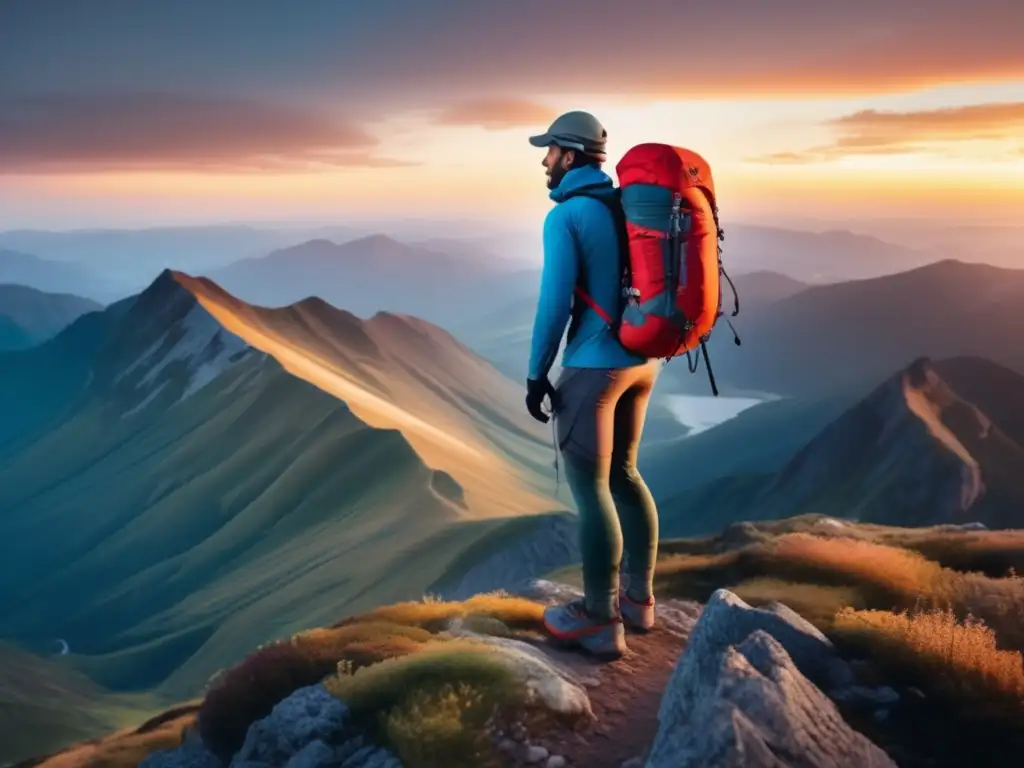 Tecnología en ropa de senderismo: Hiker en cima de montaña con ropa high-tech, sensores, GPS y paneles solares