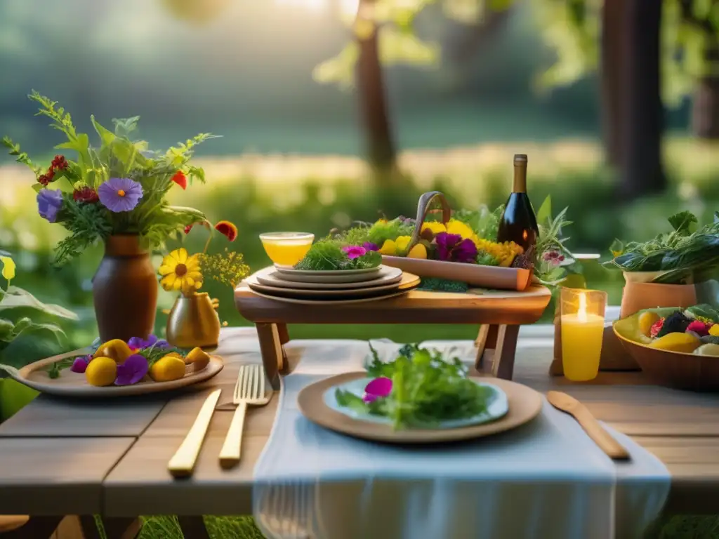 Recetas de cocina al aire libre con plantas comestibles en un hermoso bosque iluminado por el sol dorado