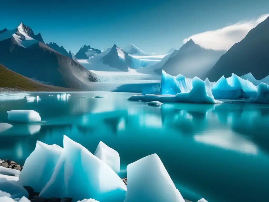 Paisaje glaciar sereno de 8k, con paredes de hielo imponentes y un lago glaciar azul cristalino en primer plano