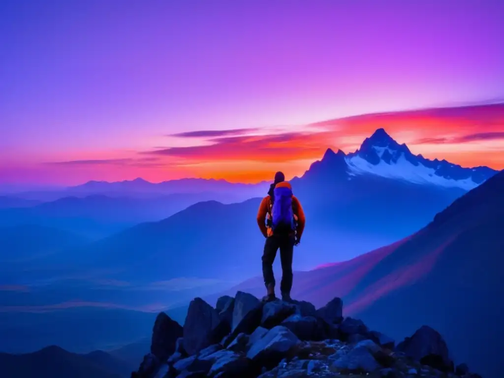 Equipo esencial para senderismo y camping en un paisaje montañoso al atardecer con un sol brillante-