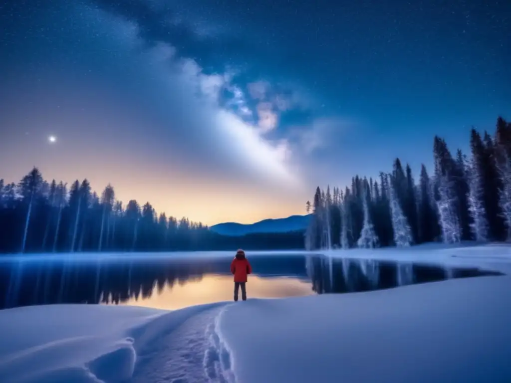 Fotografía nocturna en clima frío: Consejos prácticos, paisaje invernal estrellado con bosque nevado, lago con fotógrafo capturando su magia