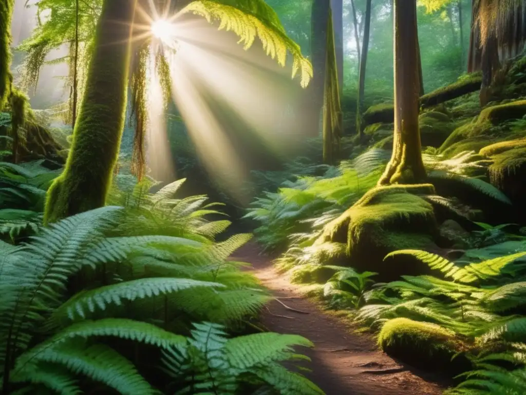 Senderismo sin dejar rastro en bosque misterioso, con sendero iluminado por rayos de sol