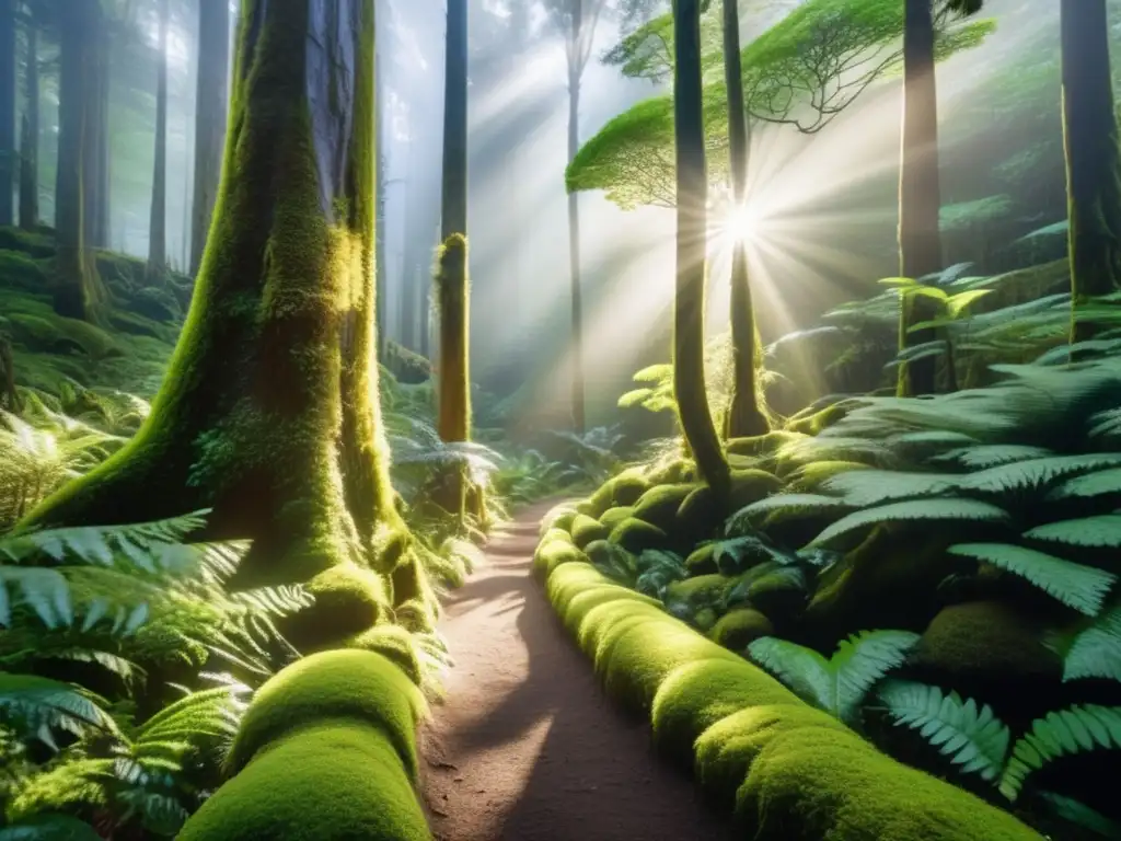 Senderismo en bosques sagrados Maoríes con árboles nativos, rayos de luz y cascada mística