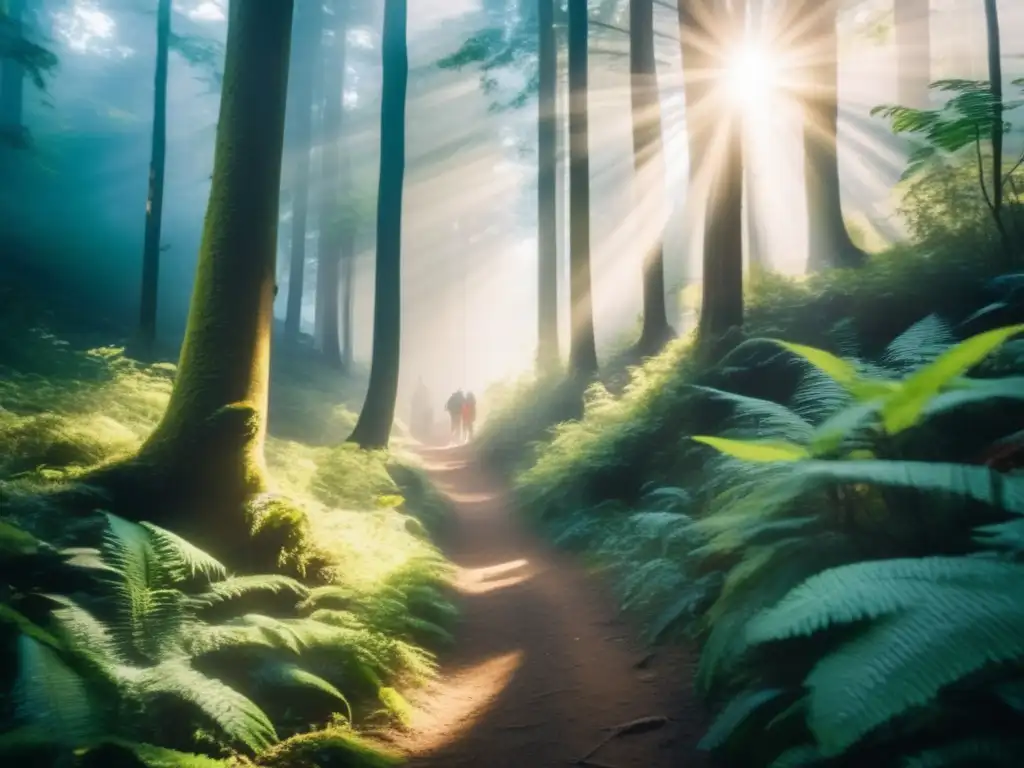 Senderistas al aire libre en misterioso sendero rodeado de árboles altos y exuberantes, con rayos solares iluminando el camino