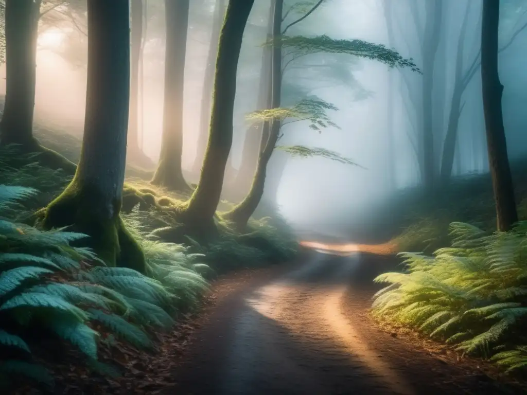 Fotografía de niebla en senderismo: Sendero boscoso místico y encantador, con árboles altos, luz suave y gotas de agua brillantes