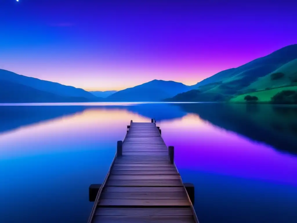 Fotografía nocturna en la hora azul: paisaje mágico con colinas, lago sereno y cielo azul y morado, fotógrafo listo para capturar la escena