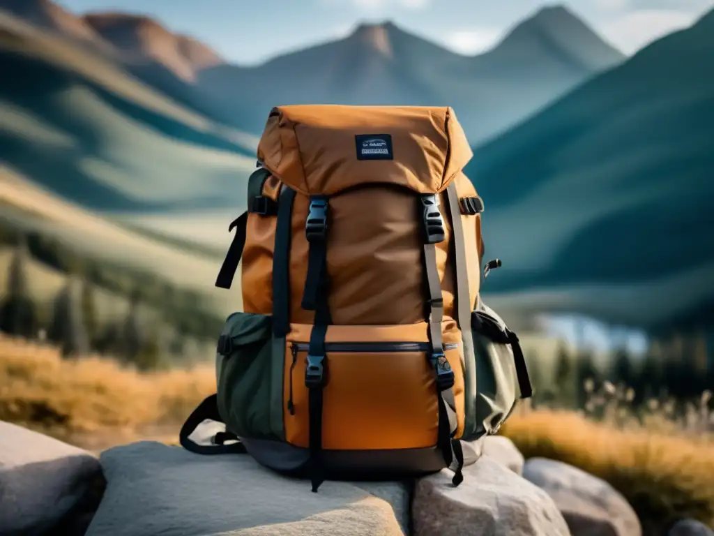 Equipo de camping para montaña: preparación, mochila moderna en tonos terrosos frente a majestuoso paisaje montañoso