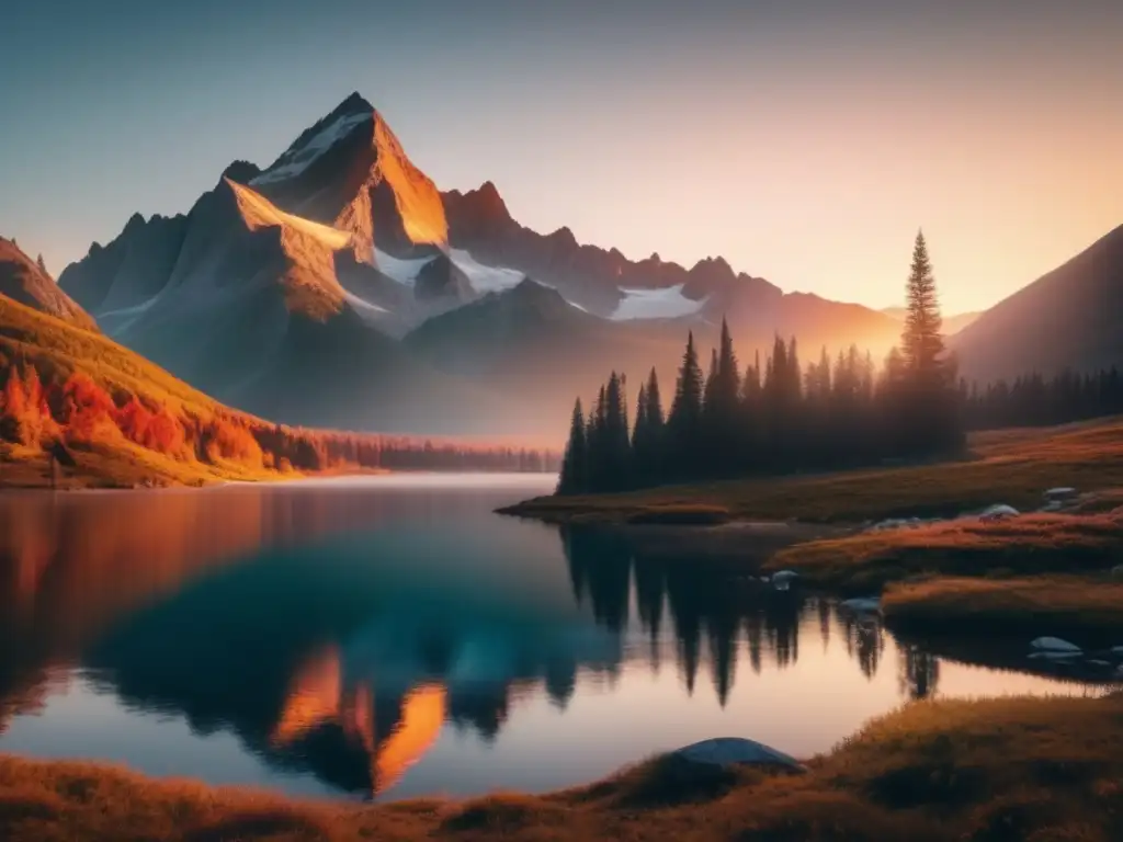 Impresionante paisaje de montaña al amanecer con lago alpino y senderistas practicando 'dejar sin rastro'