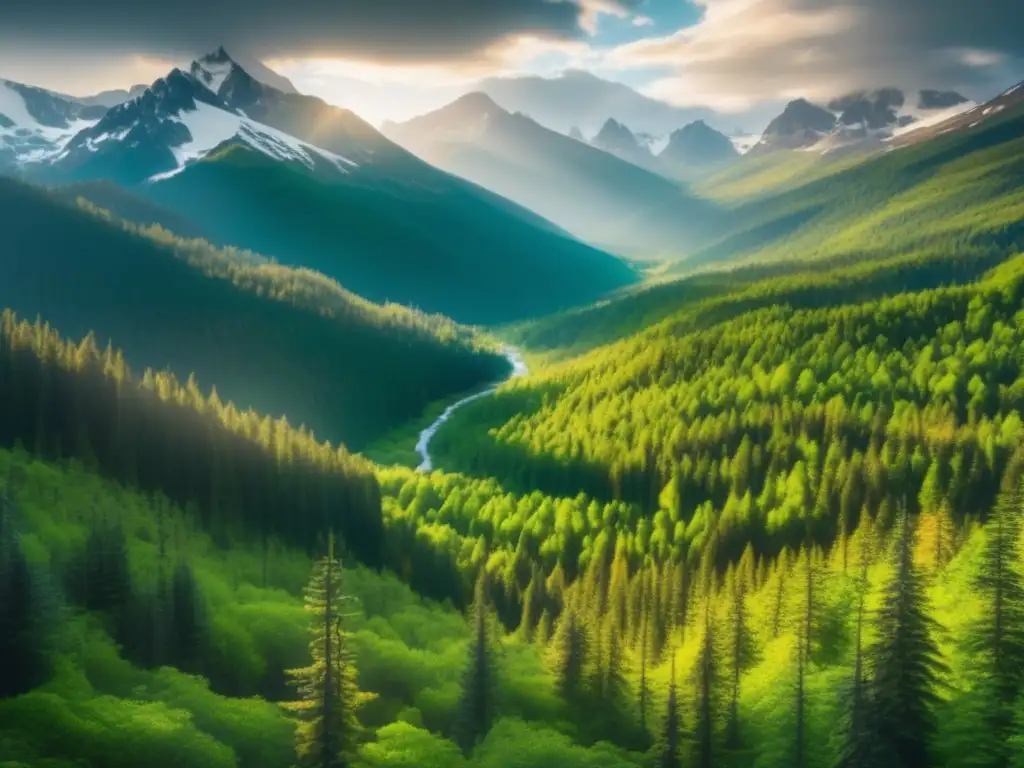 Impacto ambiental del senderismo y campismo en un hermoso bosque con montañas nevadas, cascada y sendero