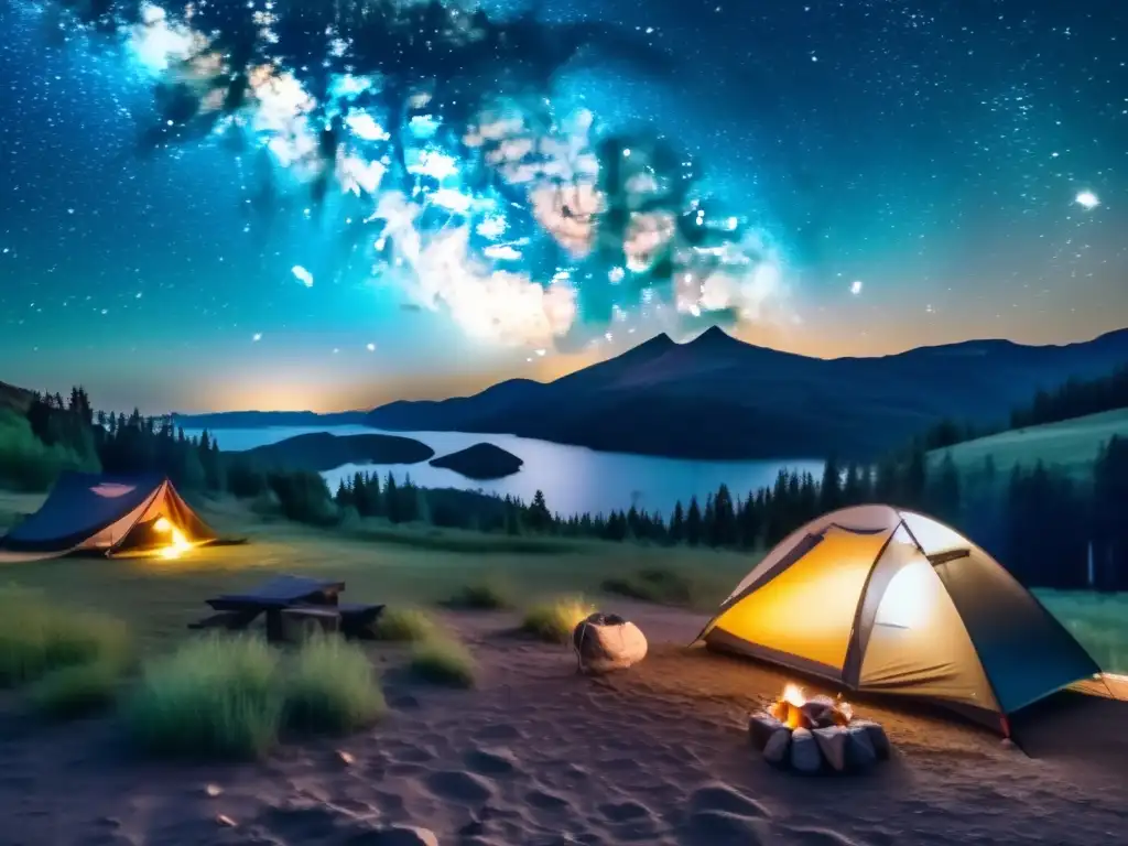 Fotografía Vía Láctea en camping: cielo nocturno impresionante con estrellas, camping pintoresco y atmósfera mística