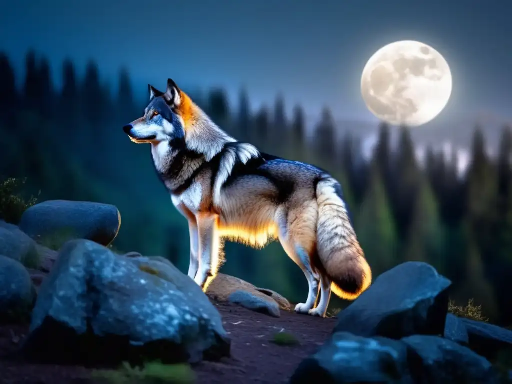 Fotografía nocturna de animales en la naturaleza: Majestuoso lobo plateado en un bosque oscuro, bajo la luz de la luna creciente