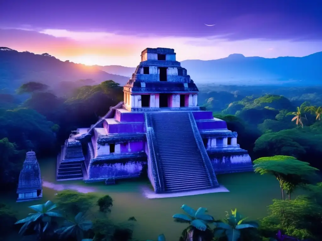 Acampada mística ruinas Palenque: impresionante imagen 8k de las ruinas antiguas al atardecer rodeadas de vegetación tropical exuberante