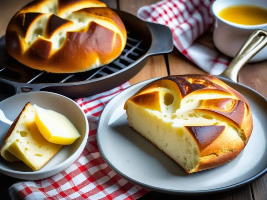 Receta pan de campo camping: Mesa rústica con mantel a cuadros, sartén de hierro con pan recién horneado, mantequilla derretida y romero fresco