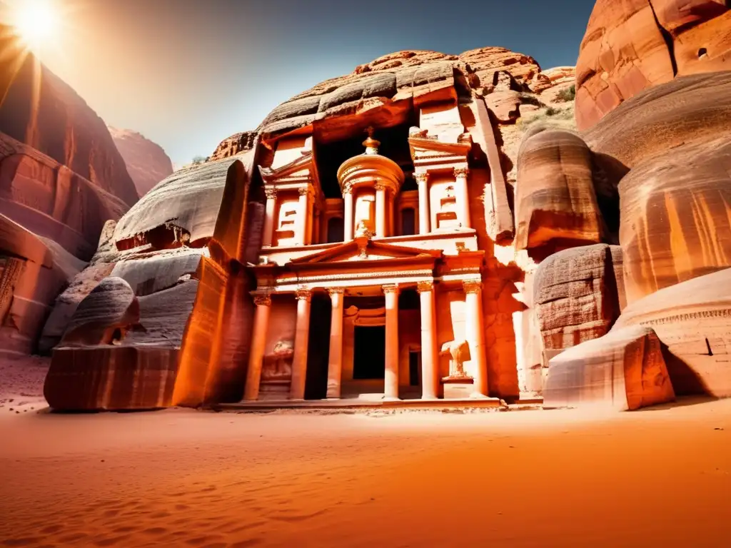 Guía acampada Petra misterios naturaleza - Petra: ciudad mística y maravilla antigua, paisaje soleado y arquitectura rocosa, tumbas, montañas y flora