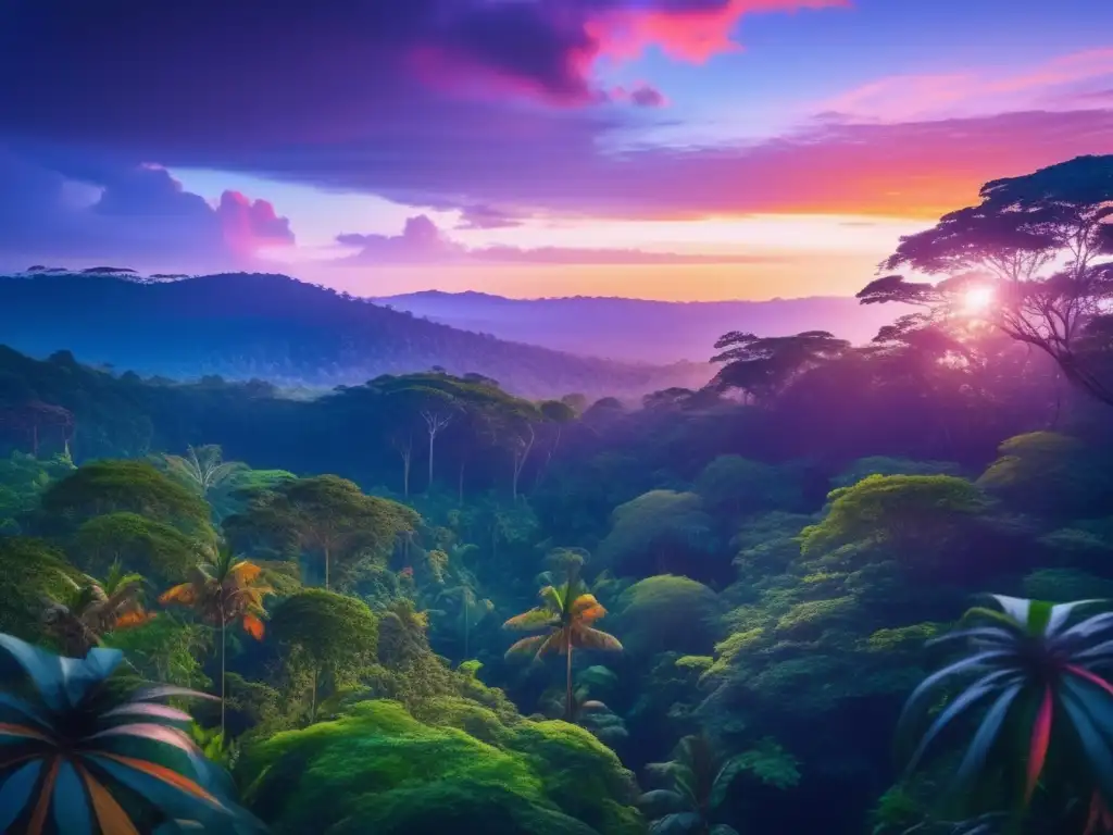 Maravillosa imagen 8K de un denso y exuberante bosque tropical al atardecer