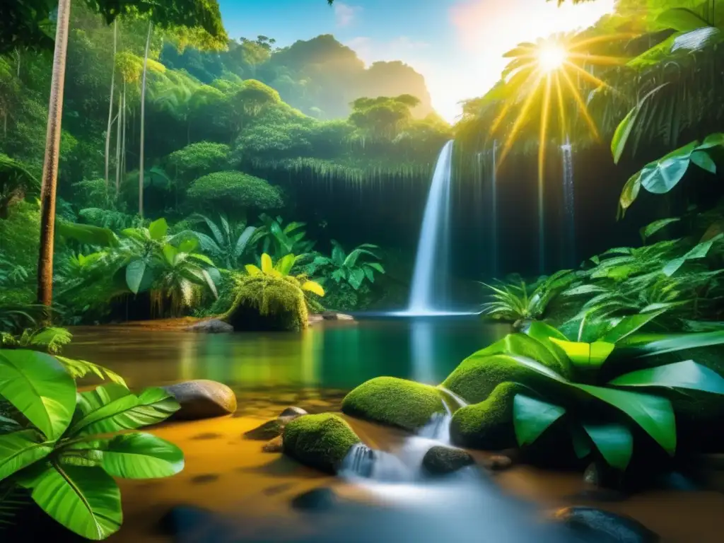 Impacto del turismo en ecosistemas: Selva tropical exuberante al atardecer, con vegetación verde vibrante y cascada tranquila