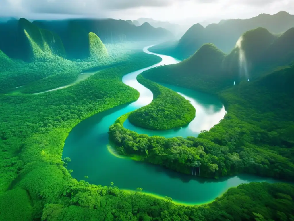 Vista aérea 8K de selva verde exuberante: río cristalino, misterio y ecoturismo responsable